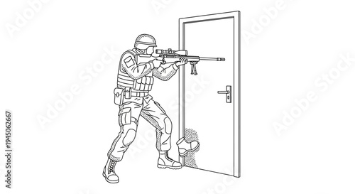 Soldier with sniper rifle breaching door, tactical operation, close combat, military action, swat team