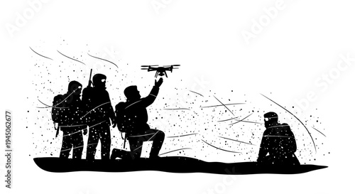 Soldiers Launching Drone in Snowy Landscape, Military Technology and Surveillance Concept