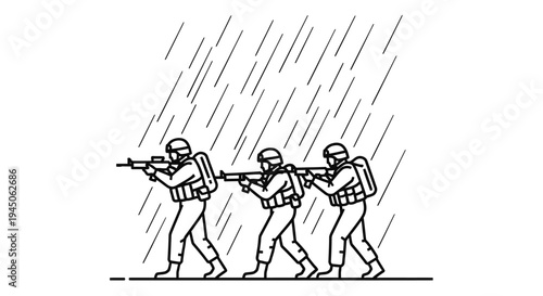 Soldiers marching in heavy rain with rifles, military operation, teamwork, survival