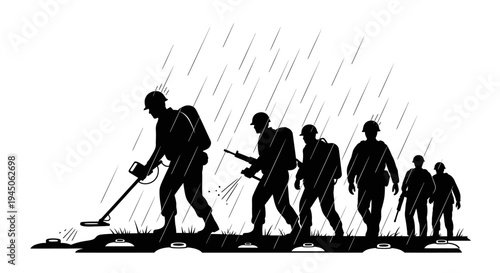 Soldiers with metal detectors in the rain, searching for mines or treasures