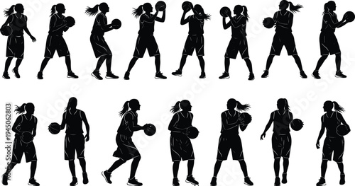 Women basketball player silhouettes collection, female athletes dribbling and playing ball action poses, team sport activity isolated vector illustration for basketball concept