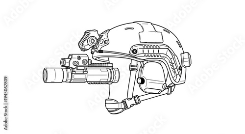 Tactical Helmet with Night Vision Goggles and Flashlight - Line Art Illustration
