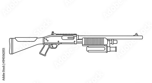 Tactical Shotgun with Foregrip and Scope - Line Art Illustration
