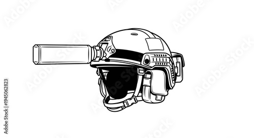 Tactical Helmet with Night Vision Goggles Attachment - Line Art Illustration