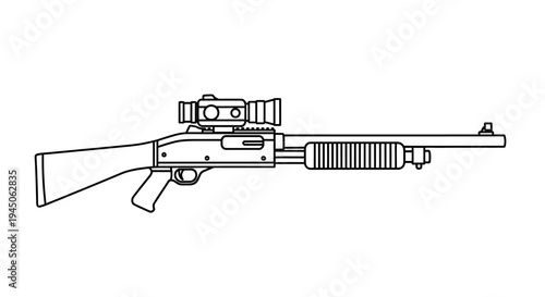 Tactical Shotgun with Scope - Line Art Illustration