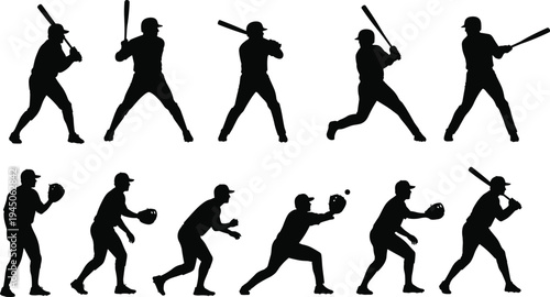 Baseball player silhouettes collection, batting and catching action poses with bat and glove, professional sport activity figures isolated vector illustration for baseball concept