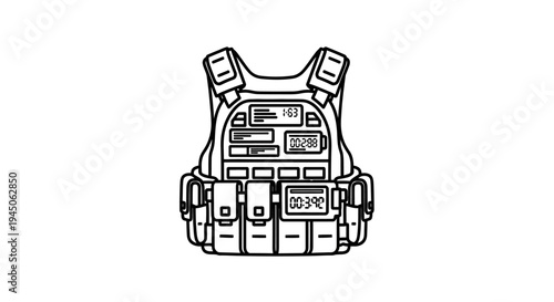 Tactical Vest with Pouches and Digital Displays - Line Art Icon
