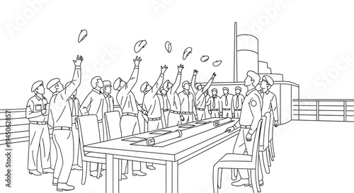 Team celebrates success, throwing hats in the air, industrial background, teamwork, achievement