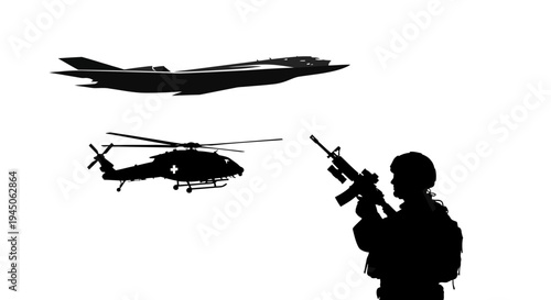 Silhouette of Soldier with Rifle, Helicopter, and Jet Fighter in Sky