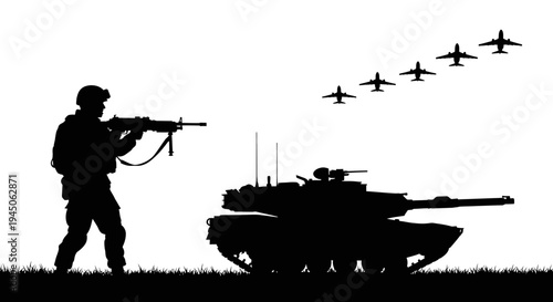 Silhouette of Soldier with Rifle and Tank, Airplanes Flying in Formation