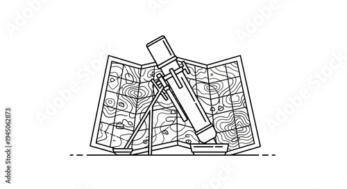 Telescope on topographic map, exploration and discovery concept, line art illustration