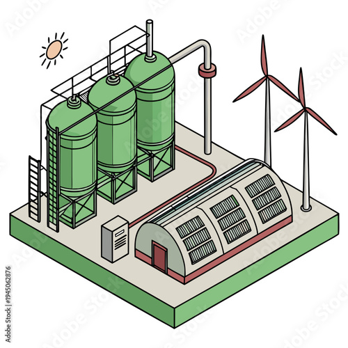 Industrial site with green tanks and wind turbines