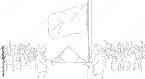 Two men unfurl a large flag at a public gathering, celebrating achievement and unity.