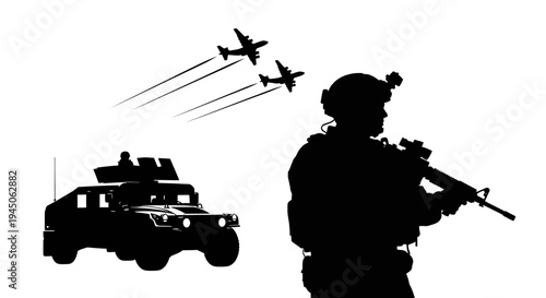 Silhouette of Soldier, Military Vehicle, and Fighter Jets in Combat Formation