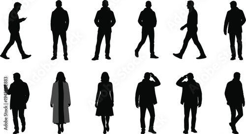 Walking people silhouette collection, men and women standing and moving poses, casual urban pedestrians isolated vector illustration for lifestyle, city crowd concept