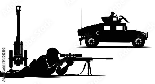 Silhouette of soldier with sniper rifle, artillery gun, and military vehicle