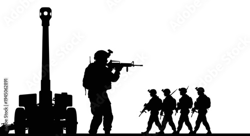 Silhouette of Soldiers and Artillery Gun on White Background