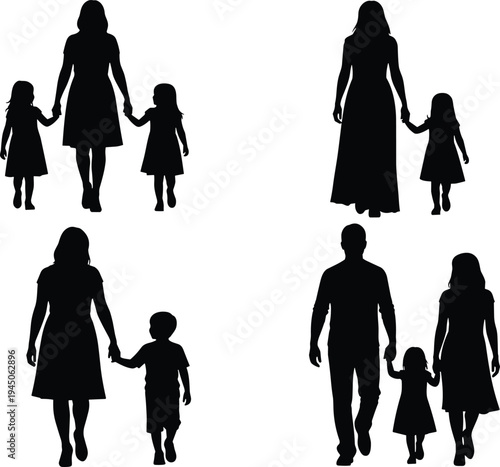 Family walking silhouettes collection, parents with children holding hands, happy mother father and kids outdoor activity, parenting and togetherness concept vector illustration