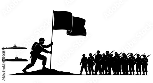 Silhouette of soldiers raising flag, submarines, and marching army, symbolizing victory and military power.