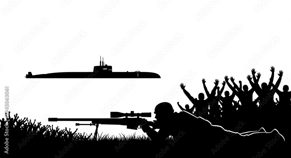 Obraz premium Sniper Aims at Submarine with Crowd Cheering in Background Silhouette