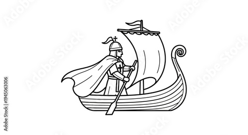 Viking Warrior Rowing Longship with Sail and Banner