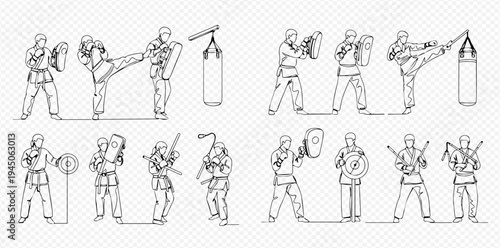 Martial Arts Training and Self-Defense Continuous Line Art Set.