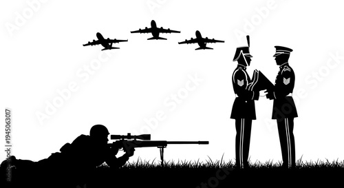 Sniper aiming at military officers during air show with planes flying overhead