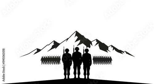 Silhouette Soldiers Standing Guard Against Majestic Mountain Landscape