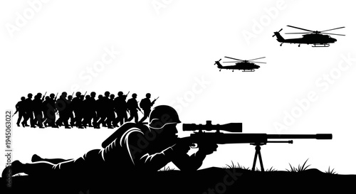 Sniper Aiming at Advancing Soldiers with Helicopters Overhead
