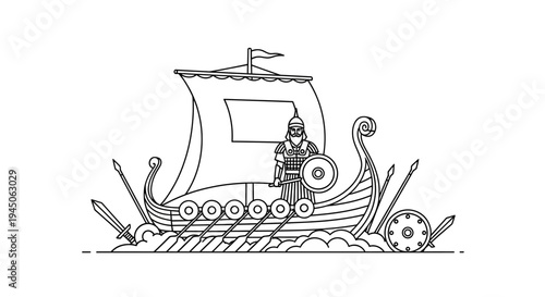Viking warrior on a longship with shields and swords, historical illustration