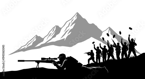 Sniper Aims at Mountains, Soldiers Celebrate Victory on Hilltop