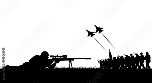 Sniper Aiming at Military Parade with Fighter Jets Flying Overhead