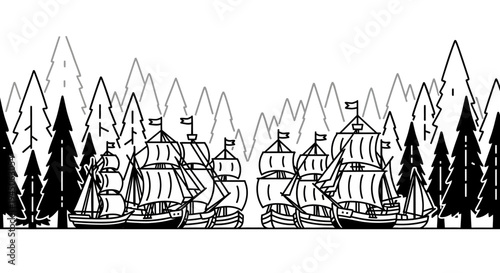 Vintage Sailing Ships Fleet in Forest Landscape, Black and White Line Art Illustration