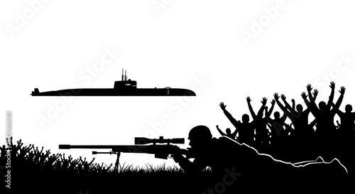 Sniper Aims at Submarine with Crowd Cheering in Background Silhouette