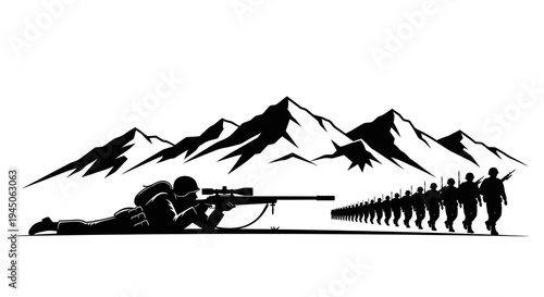Sniper soldier aiming in mountains, army march silhouette, military conflict concept