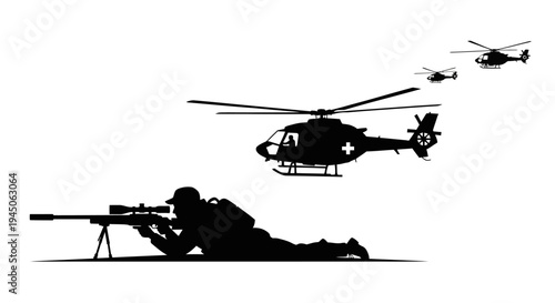 Sniper Soldier Aiming Rifle with Helicopters Flying Overhead Silhouette