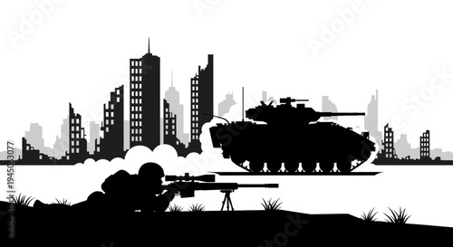Sniper Soldier and Tank Silhouette in Ruined Cityscape