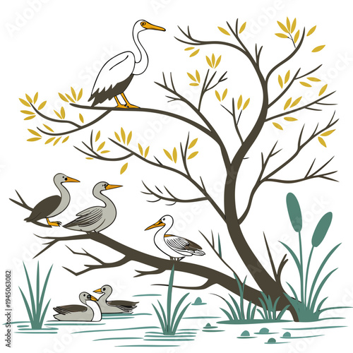 Birds on a tree branch over water nature white background
