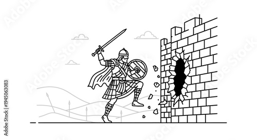 Warrior Breaking Through Brick Wall with Sword and Shield, Medieval Battle Scene