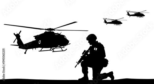 Soldier Kneeling with Rifle, Helicopters Flying Overhead, Military Operation Silhouette