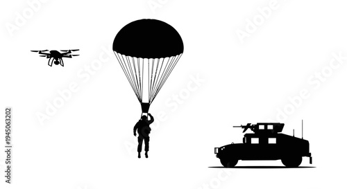 Soldier Parachuting with Drone and Military Vehicle Silhouette