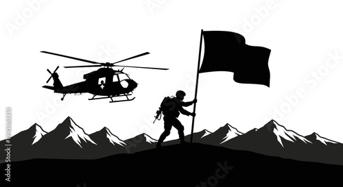Soldier Planting Flag on Mountain Peak with Helicopter Overhead