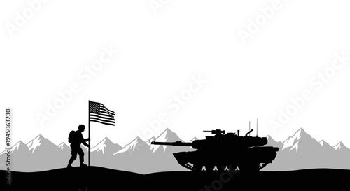 Soldier Raising American Flag Next to Tank Silhouette, Mountain Background