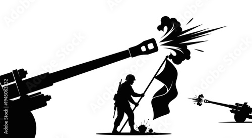 Soldier Raising Flag Amidst Artillery Fire and Explosion