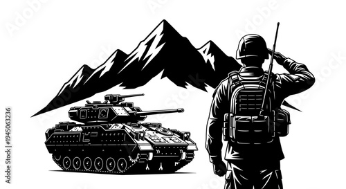 Soldier Saluting Beside Tank with Mountain Background, Military Scene