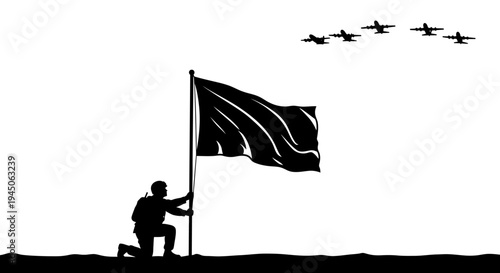 Soldier Raising Flag with Fighter Jets Flyover