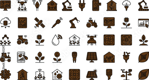 Smart agriculture technology icon set with drones sensors irrigation monitoring greenhouse automation tractors and precision farming