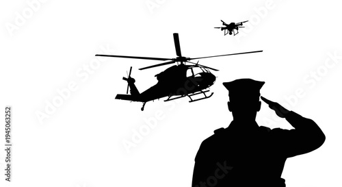 Soldier Saluting Helicopter and Drone in Sky - Military Aviation and Surveillance Concept