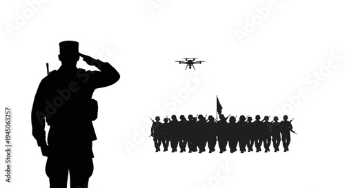 Soldier saluting drone and troops, military modern warfare concept
