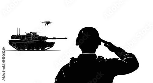Soldier Saluting Modern Military Tank and Drone - Future Warfare Concept